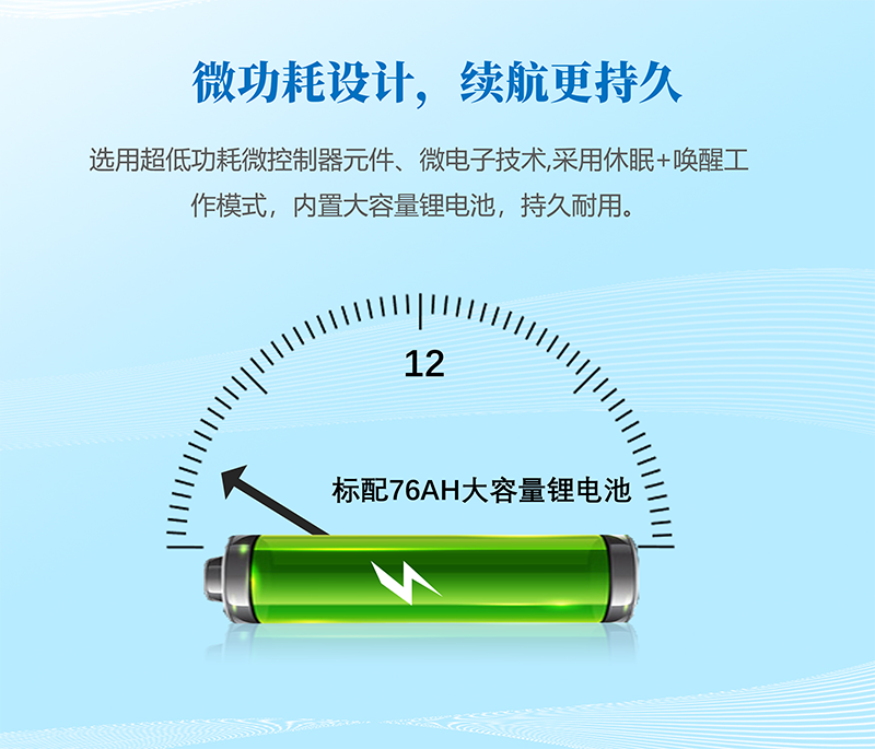 微功耗設計，續航更持久：選用(yòng)超低功耗微控制器元件、微電(diàn)子技(jì )術,采用(yòng)休眠+喚醒工(gōng)作(zuò)模式，内置大容量锂電(diàn)池，持久耐用(yòng)。