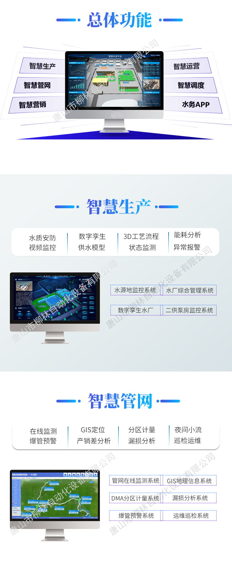 智慧水務(wu)總體(ti)功能(néng):智慧生(sheng)産(chan)、智慧筦(guan)網(wang)